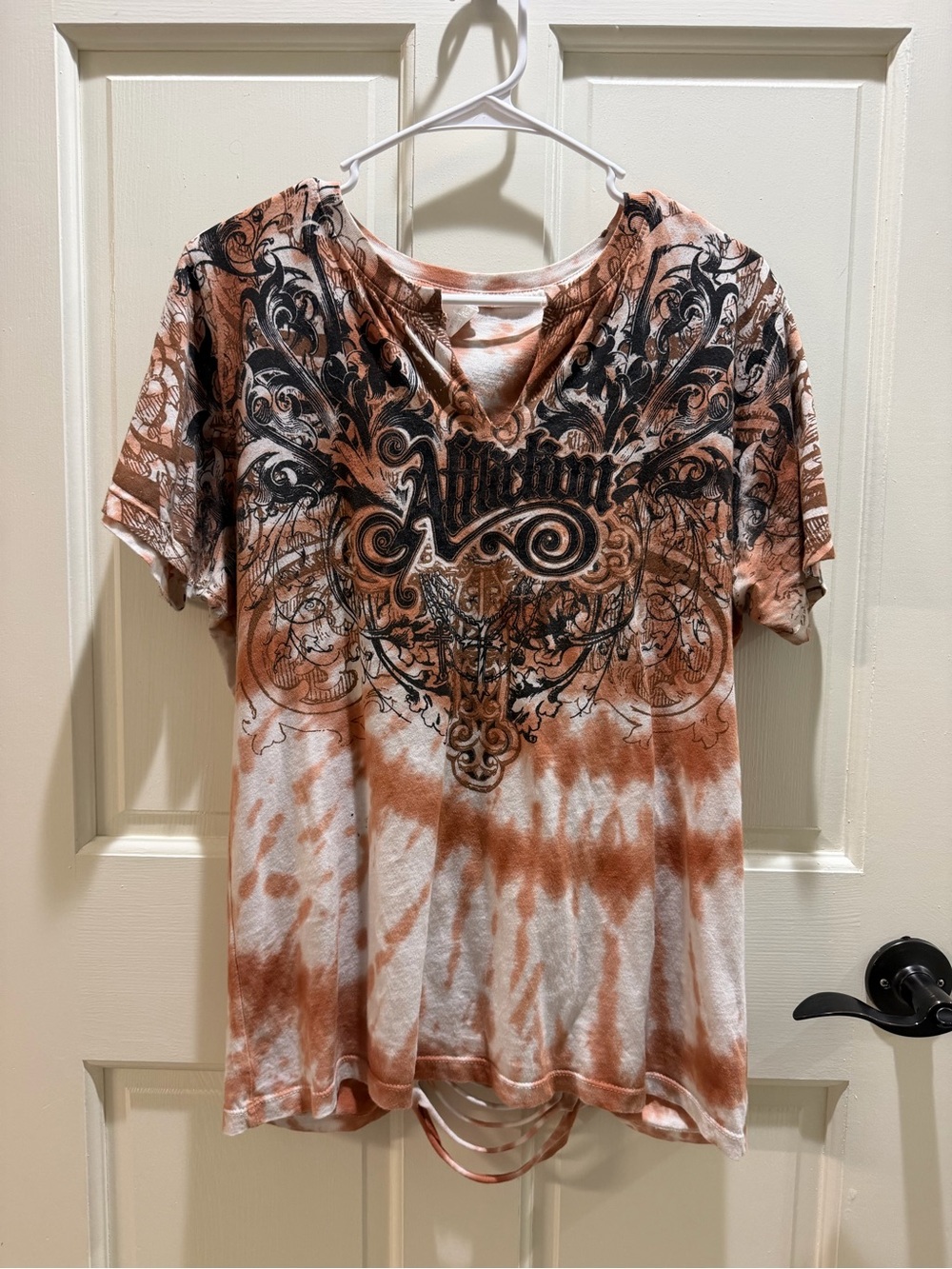 Affliction Women's Tie-Dye V-Neck Graphic Top in Rust